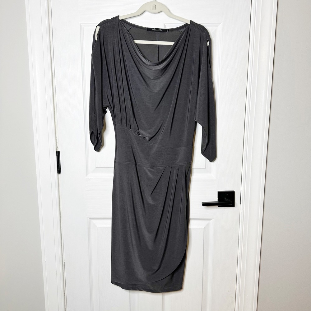 Alex and‎ Alexa by Komarov Draped Cowl Neck Dress Womens PS Grey Split Sleeve